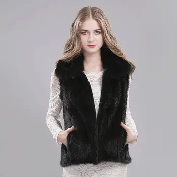Custom black mink woven vest with fox fur collar