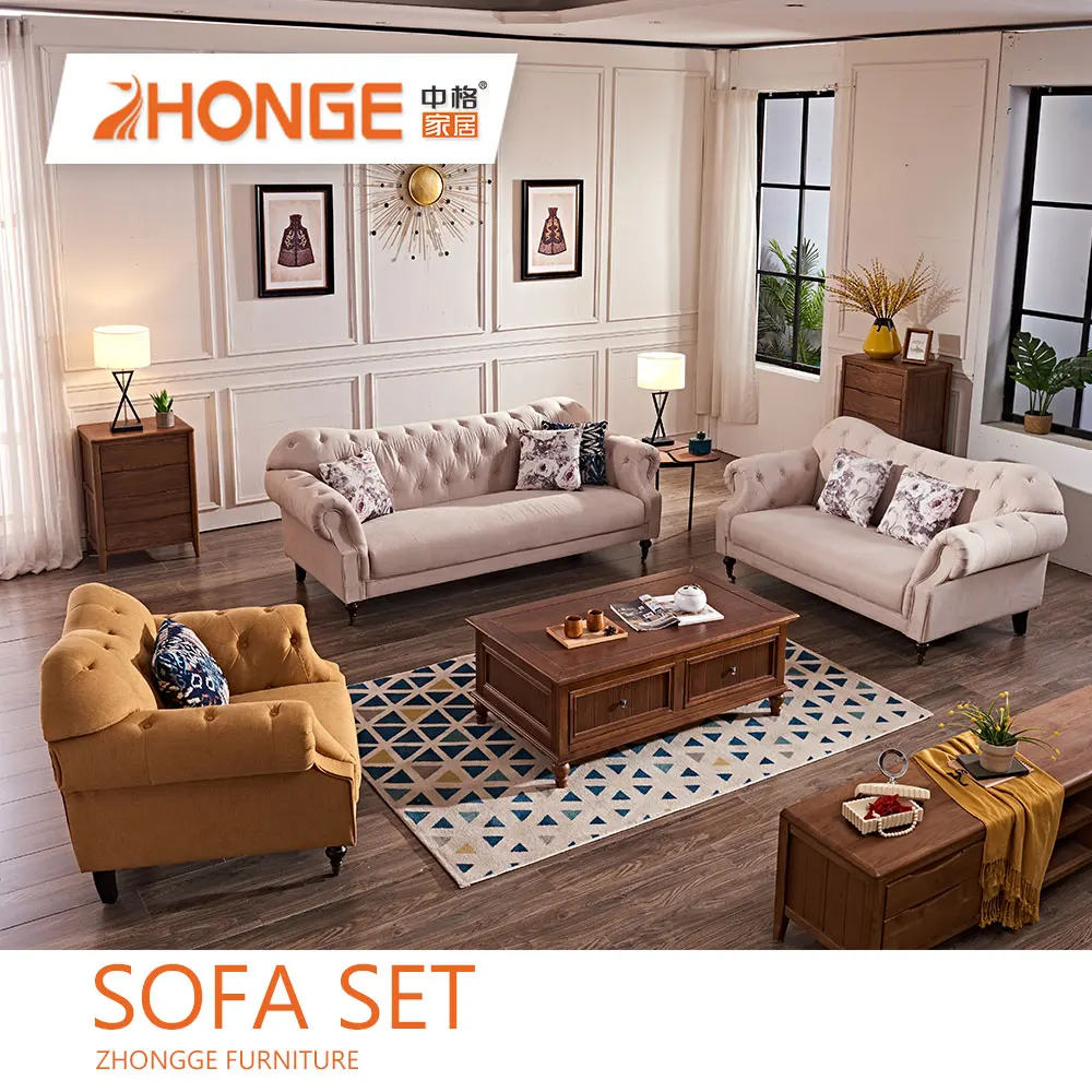 Living Room American Style Design Classical Sofa Luxury Fabric Sectional Chesterfield Sofa Set