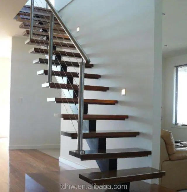 mono stringer stair with timber step and wire railings
