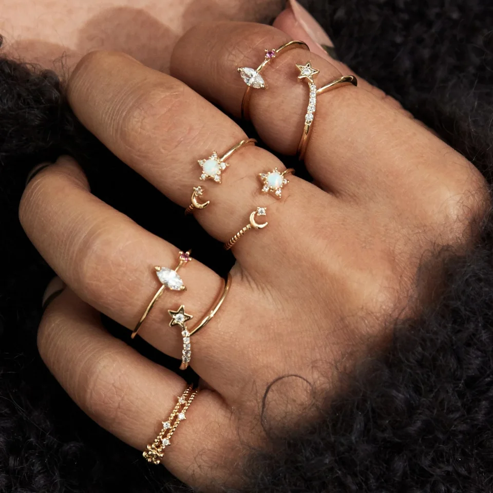 Promotion Sun Moon Star Shaped Open Jewelry Midi Gold Plated Elegance Thin Sweet Women Girl Opal Cute Ring