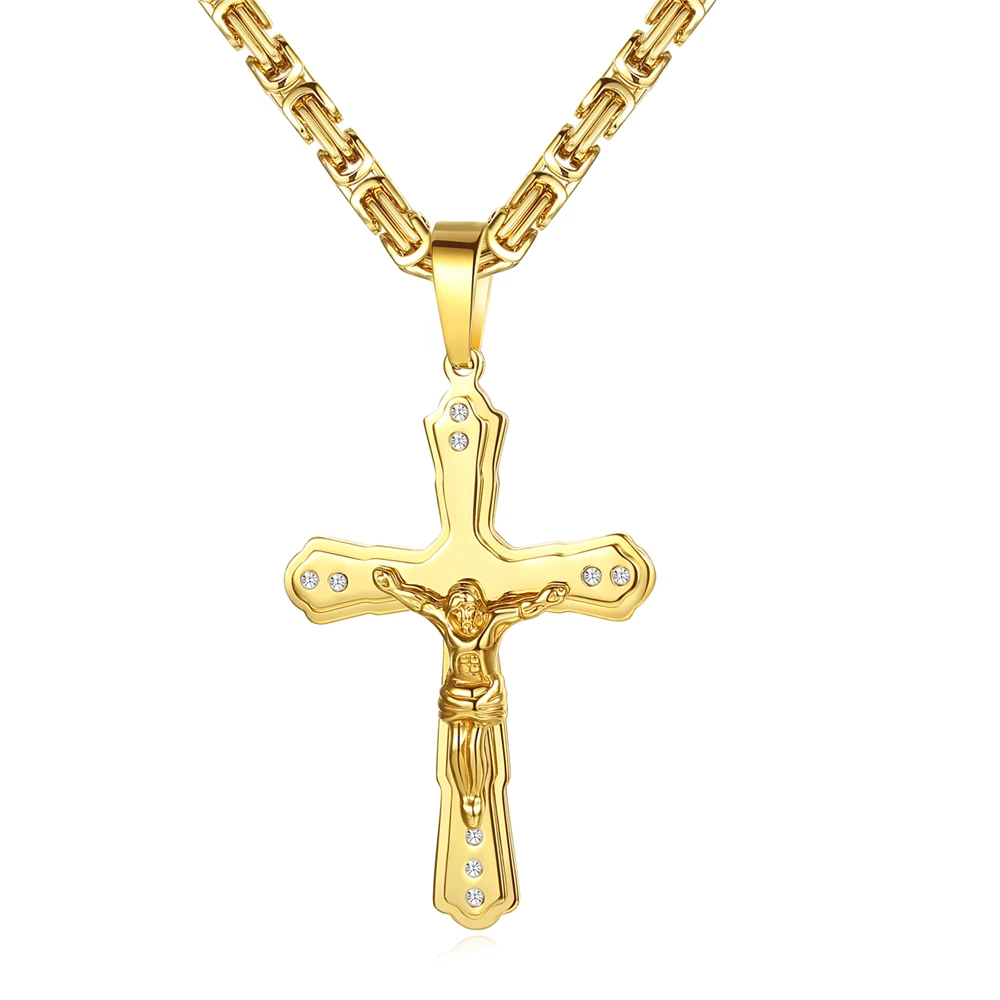 Gold Men Necklace Stainless Steel Cross 