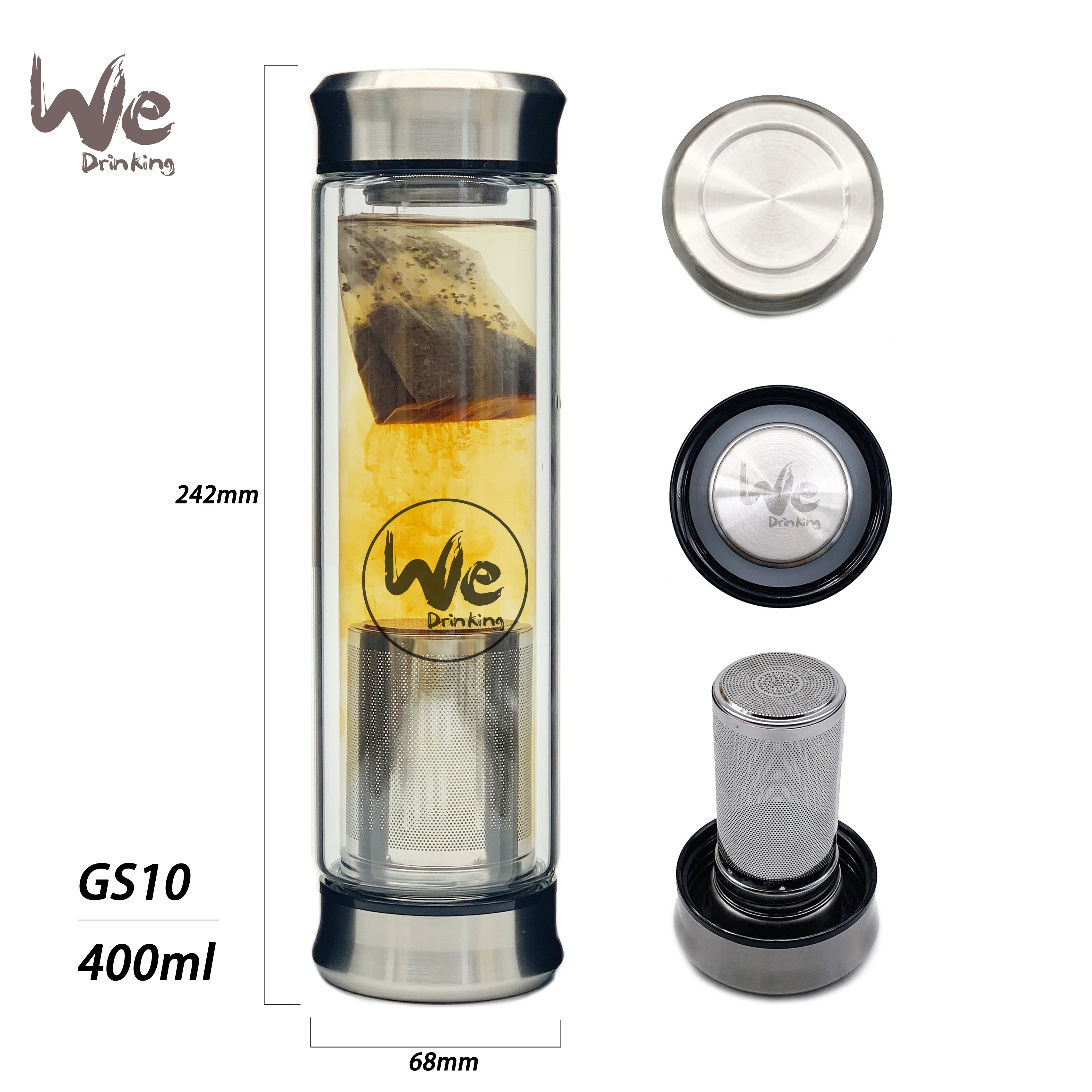 GS10 400ml Glass Tea Infuser Travel Mug With Strainer and 2 Steel Lids for Loose Leaf Tea  Matcha Fruit and Cold Brew Coffee