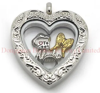 28.5*27.5MM Heart Living Carving Floating Locke Magnetic Open Heart Shaped Old Style Looking Filigree Pattern Glass Locket