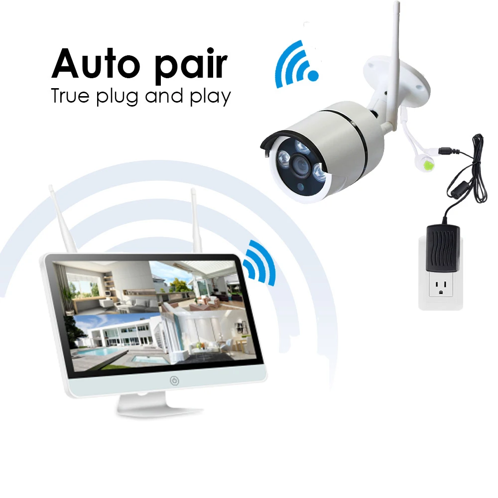 8 Channel HD Wifi NVR Kit 2MP Bullet IP Camera Wireless Cctv Cameras System with 12 Inch Monitor Screen