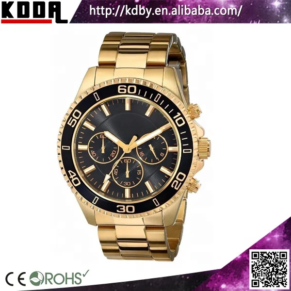 Sapphire Crystal Timepieces Black Dial Chronograph 24K Gold Watch Heavy Luxury Watch