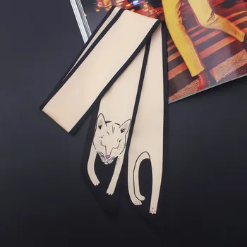 White Cat Animal Print Scarf Rectangular Tie Style Neckerchief Custom Design Silk Scarf