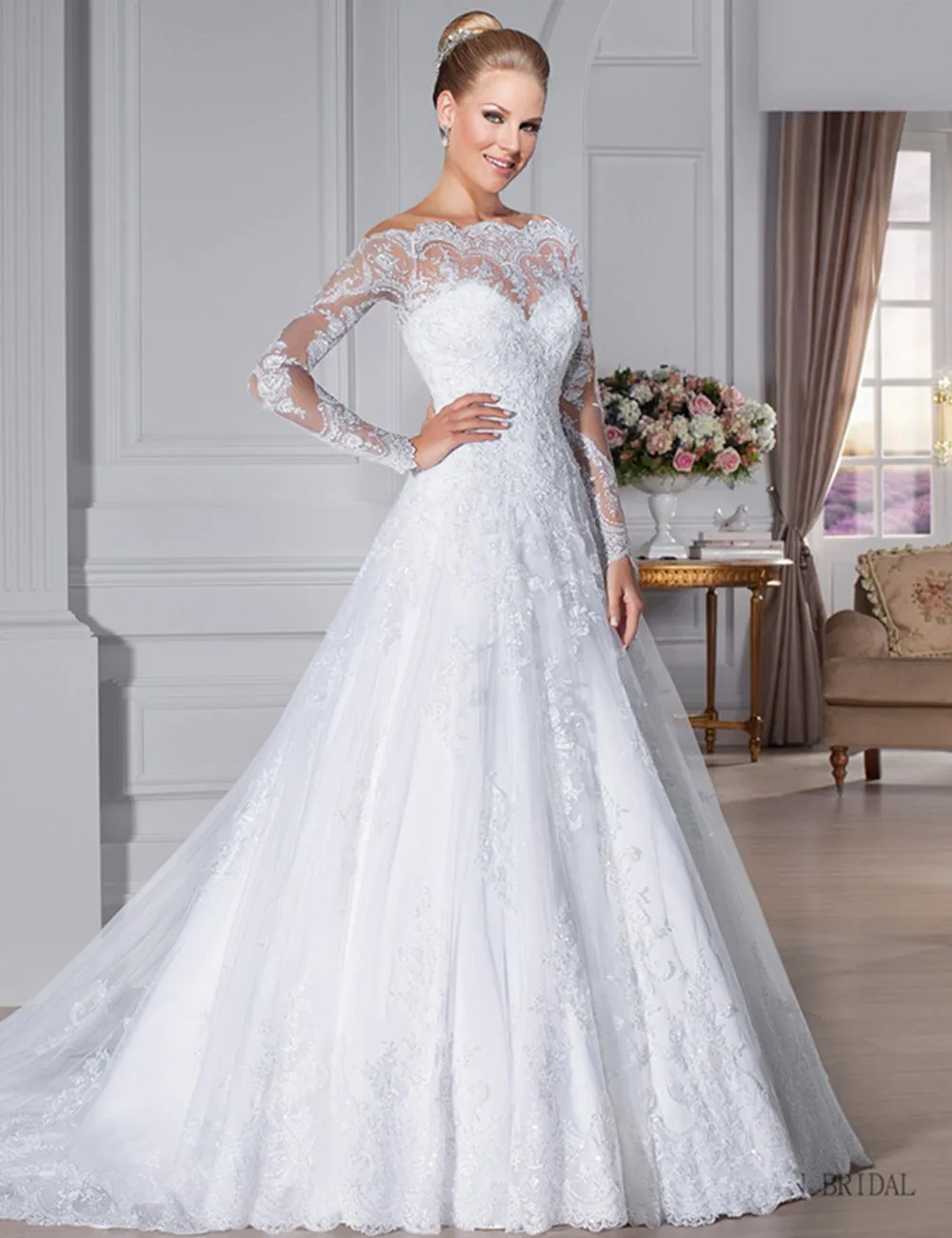 Vestido De Noiva Wedding dress Custom Made Scoop See Through Back Zipper Button Beaded Appliqued Long