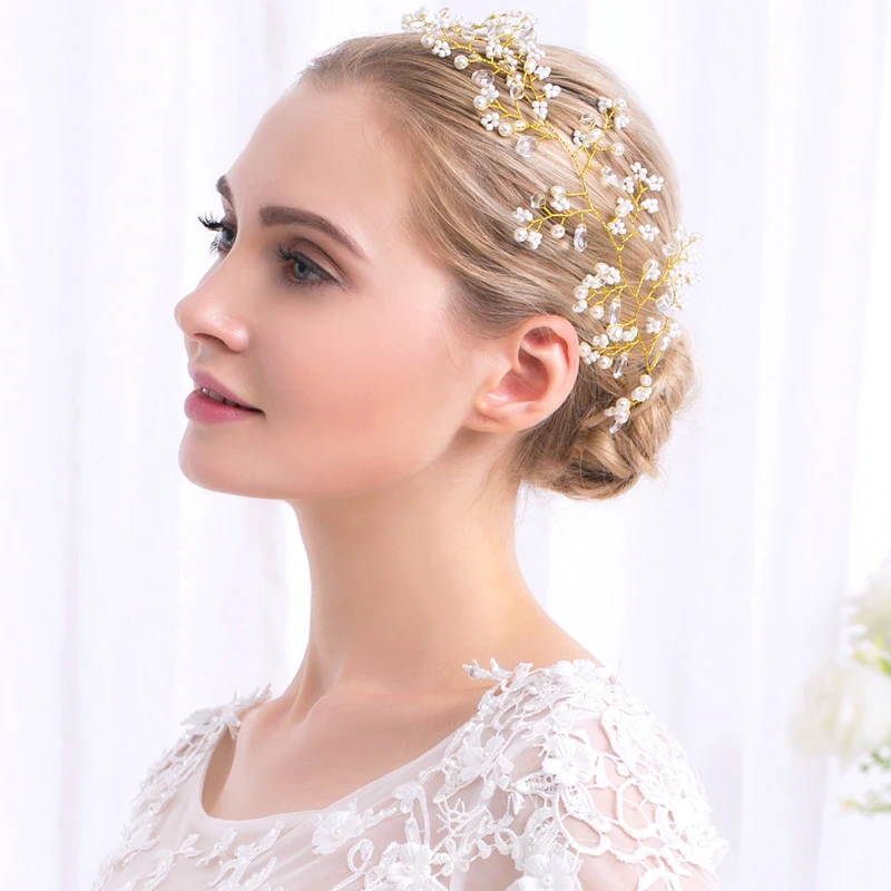 Ivory Pearl Bridal Hairband Head Chain Rhinestones Headpieces