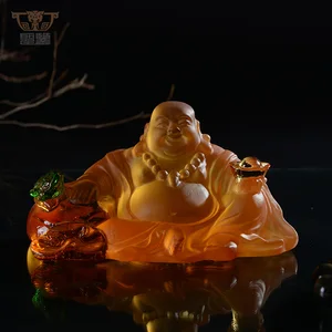 Liuli Laughing Buddha Statues With Toad Colored Glaze Maitreya Car Decoration for Sale