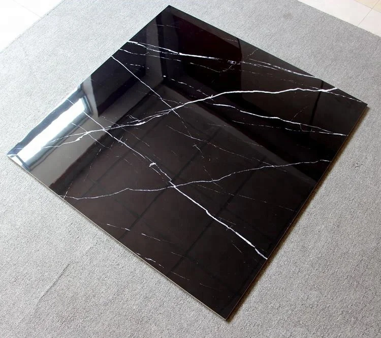 Modern Nero Marquina Marble Look Super Black Polished Vitrified Tiles with Firebrick Function for Interior Villa Use 800x800mm