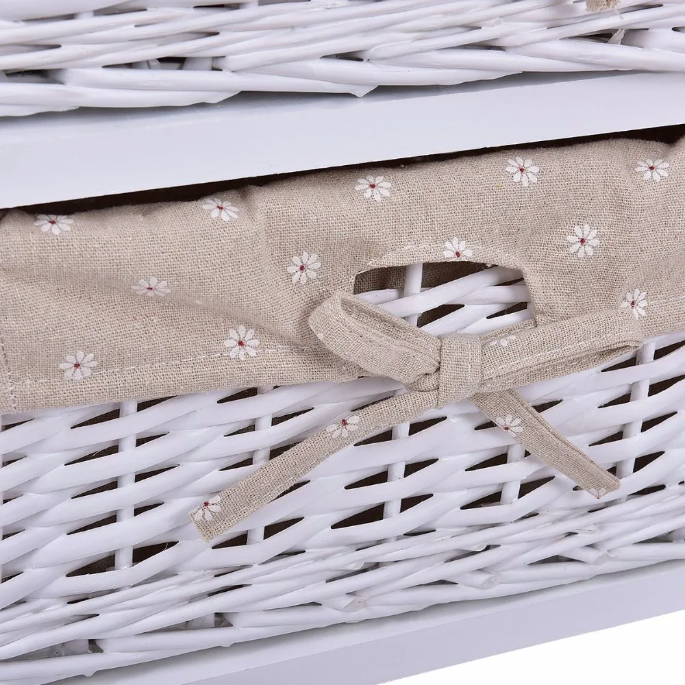 Bedside Table Wooden Wicker Nightstand Storage Unit With Rattan Basket White
