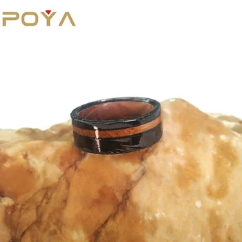POYA Jewelry Led Finger Ring Flat Top Inlay with Whiky Barrel Wood Damascus Steel 8mm Wedding Bands or Rings Engagement MEN'S