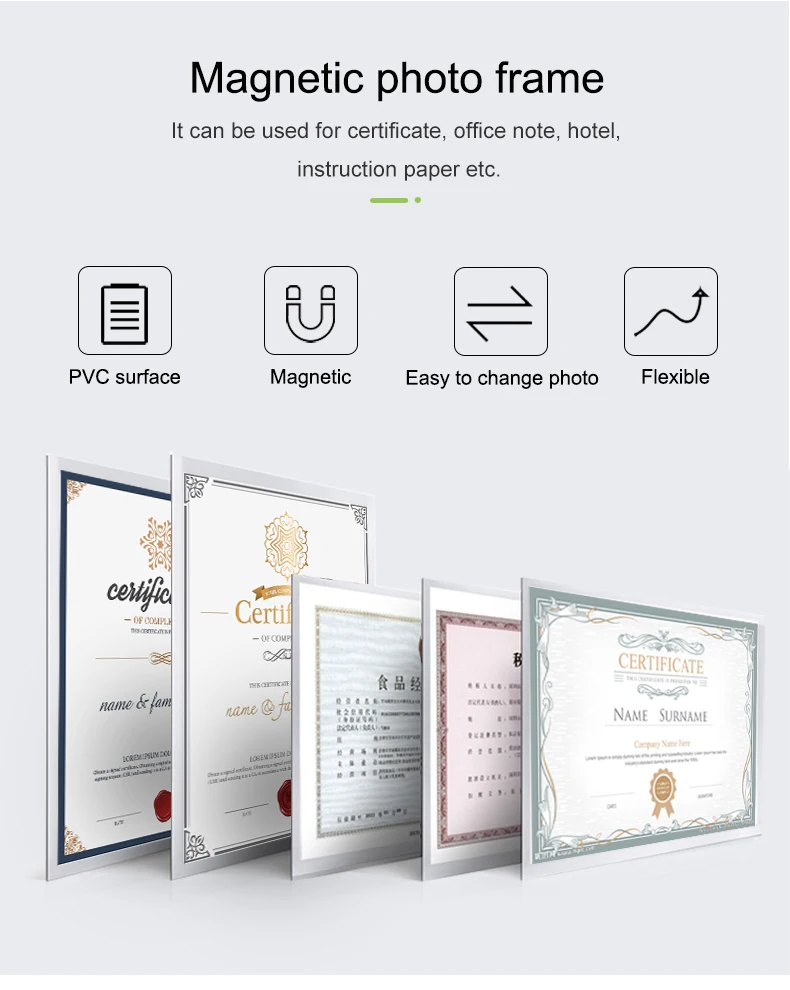 Factory Wholesale A4 Office Company Photo Frame Resin Materials Magnet Iron Silver Plastic Rectangle Square Shapes Home Decor supplier