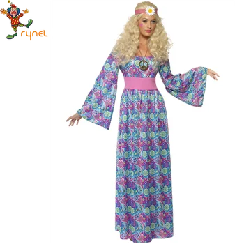 Custom Flower Printed 60s 70s Disco Retro Long Girls Hippie Fancy Dress Halloween Cosplay Costume