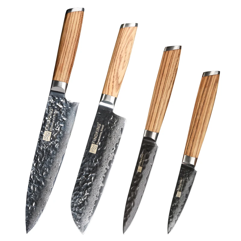 Source FINDKING Zebra Wooden Damascus Knives Set 4 pcs 8 inch Chef 7 inch Santoku 5 inch Utility 3 inch Fruit 67 Layers on m.alibaba.com
