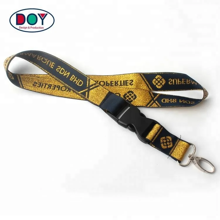 Free Sample Customized Label Logo Golden Metallic Thread Breakaway Woven Neck Lanyard With ID Holder
