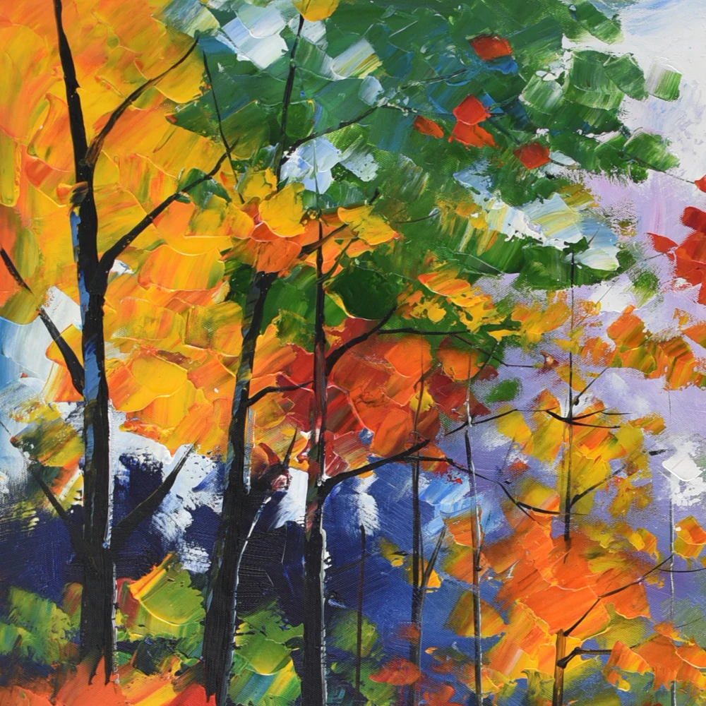 Handmade Autumn Maple Leaves Birch Trees Wall Art Natural Forest Scenery Oil Paintings