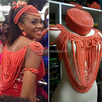 Queency Fancy Orange Coral Beads Crown Dubai Necklace Jewelry Beads Indian Bridal Orange Jewellery Set Wholesale