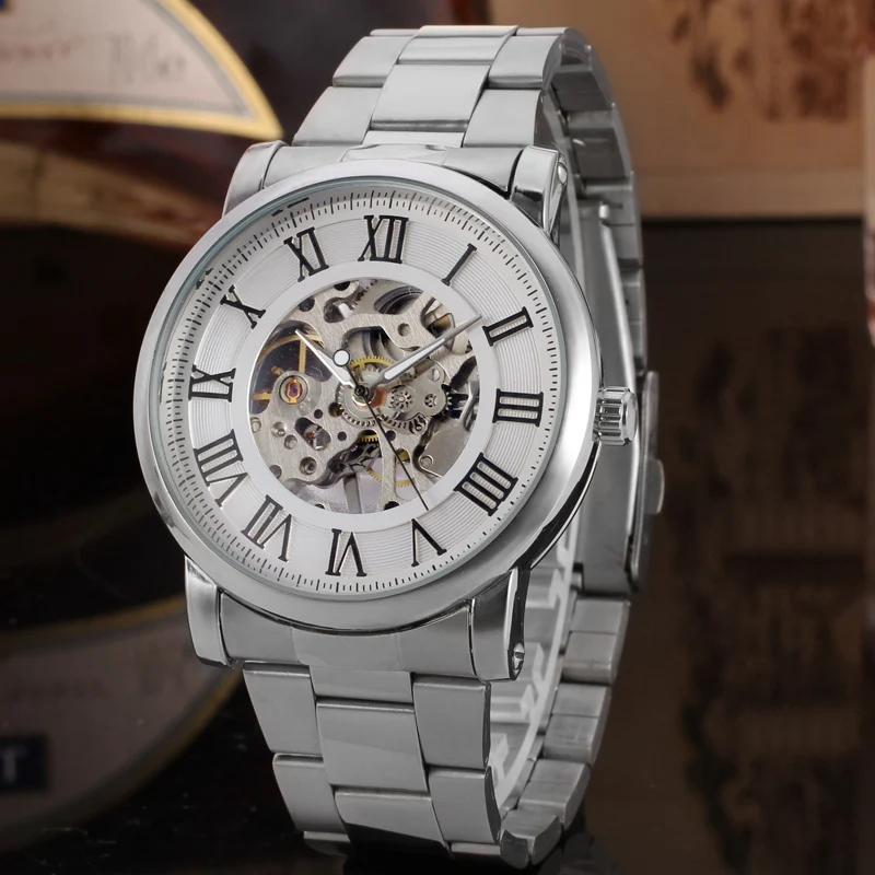 
 T-WINNER Классические Механические браслет из нержавеющей стали мужские часы Скелетон дешевые ручной намотки, мужские часы, наручные часы с механизмом, часы  