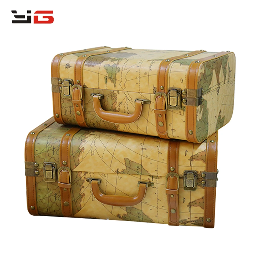 Old Trunk Yellow World Map Vintage Leather Suitcase for Prototype Room Bedroom Decoration