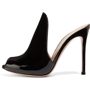 Party Heels Large Size 2018 Evening Dress Shoes Ladies Summer Women Black Patent Leather Heeled Sandals Peep Toe High Heel Mules