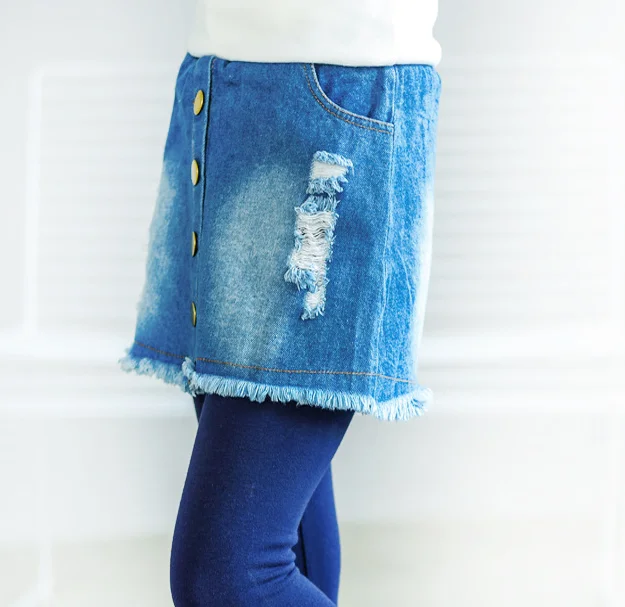 Girls Jean Mini Skirt Style Leggings Pants Kids Stylish Ripped Jeans Tight  Spring Wearing