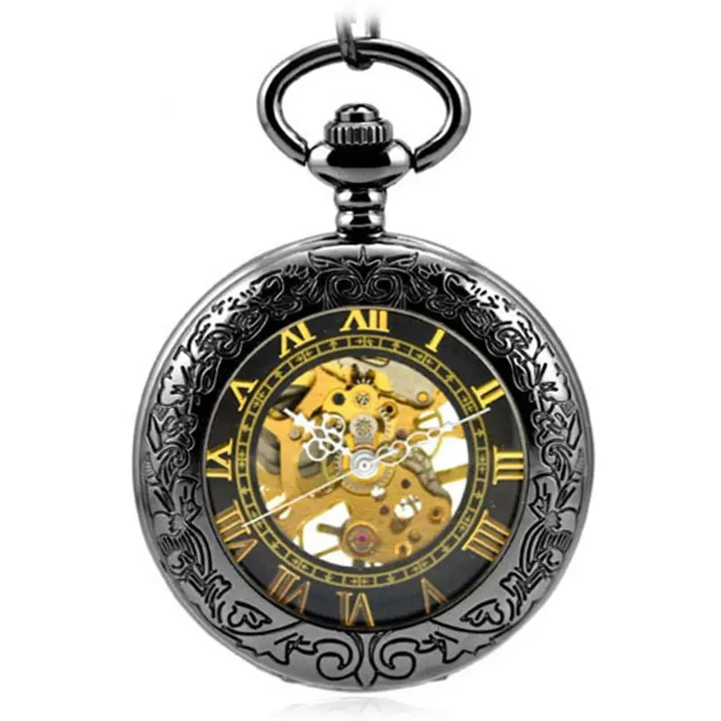 Top Fashion Retro Skeleton Alloy Chain Pendant Watch Roman Number Vintage Hand Wind Mechanical Pocket Men Watch Relogio De Bolso