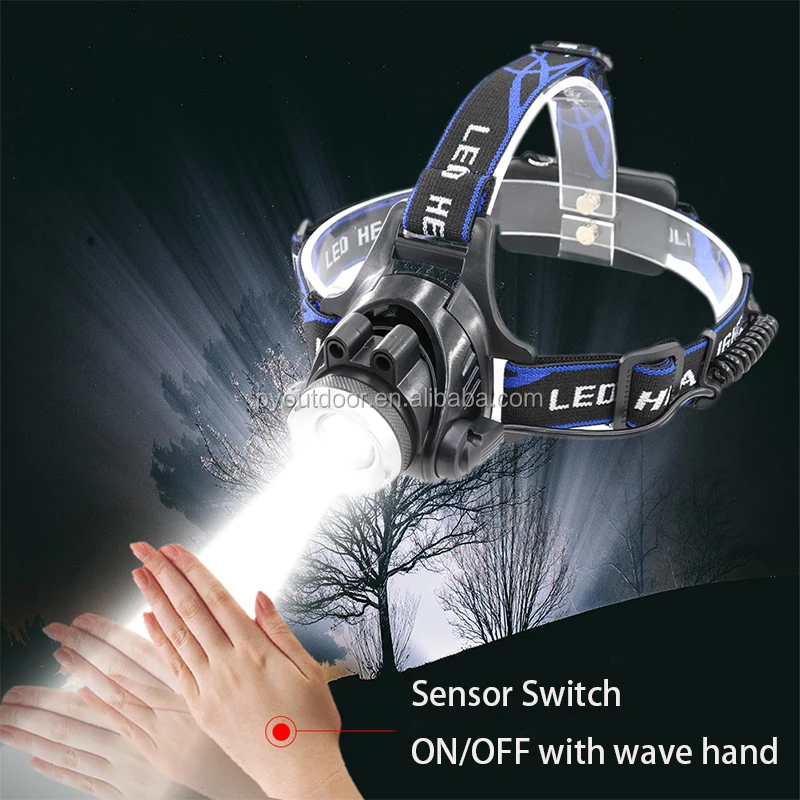 
 2019 новый продукт, высокая мощность, 1200 люмен, водонепроницаемый светодиодный налобный фонарь с перезаряжаемым от USB датчиком для кемпинга с волновой ручкой ВКЛ./ВЫКЛ.  