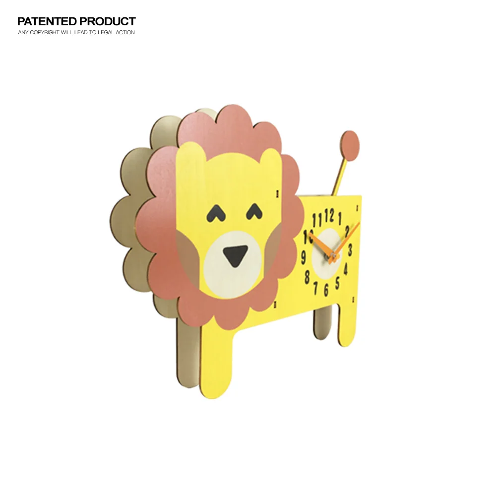 Fancy Design lion Shape Cartoon Style  Pendulum Movement  Wooden Wall Clock for Kids Room Decoration