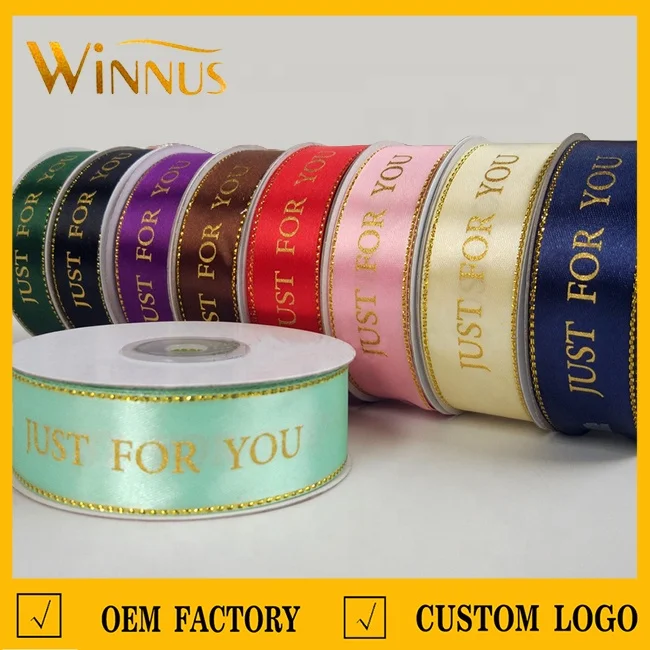 Cheap Print Double Face Sided 1 3 6 Inch 10mm Black White Hot Foil Gold Gift Packaging Ribbon Roll Custom Satin Ribbon With logo