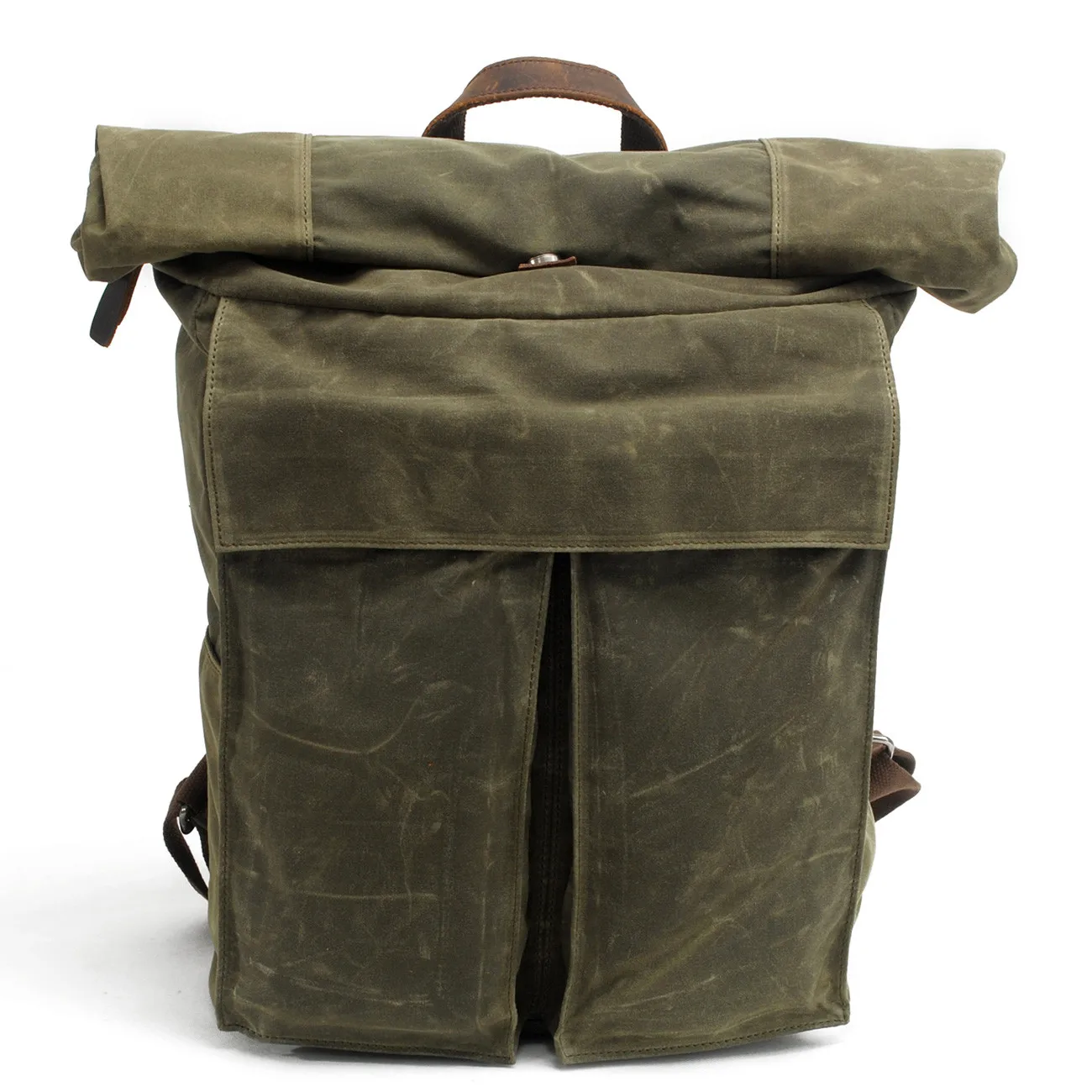 Leather Laptop  Waterproof Vintage Canvas Backpack Roll Top Backpack