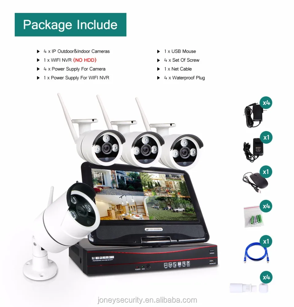 10インチモニター付き高品質3MP 4ch Wifi nvrキット4個のcctv