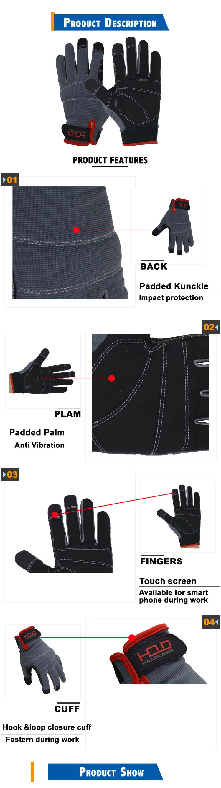 Ce En388 Microfiber Foam Padded Palm Touch Screen Custom Mechanic