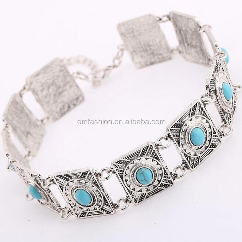 Vintage Retro Bohemia Style Blue Turquoise Alloy Choker Necklace Fashion Chains Jewelry