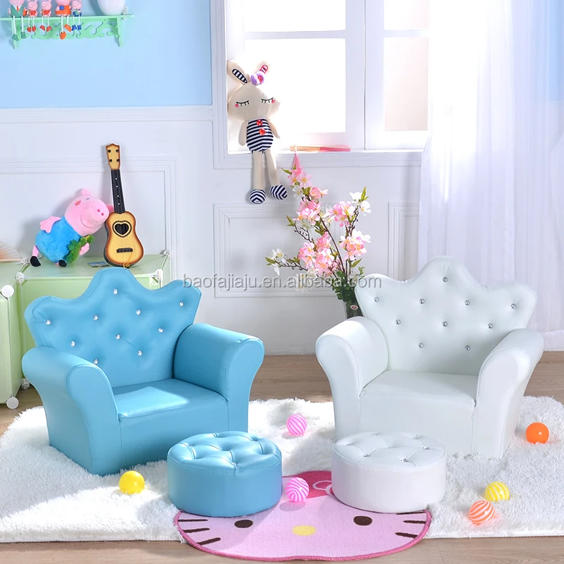 2 Piece Set of American Classic Hot Selling Crown Princess Kids Leather Sofa Waterproof Luxury Kids Stool Kids Furniture Set