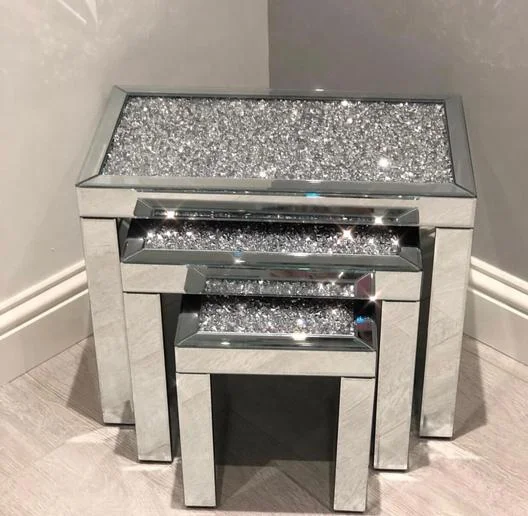 SWT Luxury diamond crush nest of 3 mirrored side tables