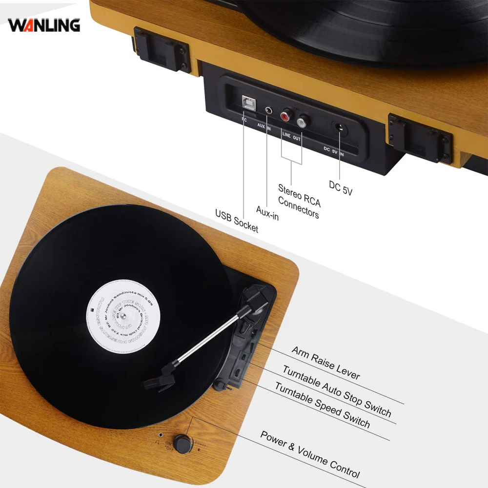 Vinyl Phonograph Player  Retro USB BT Turntable Wood LP Record Player for Sale