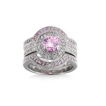 2022 New Arrival Western Fashion Pink Color Round CZ White Gold Filled Engagement Wedding 3PCS Ring Set
