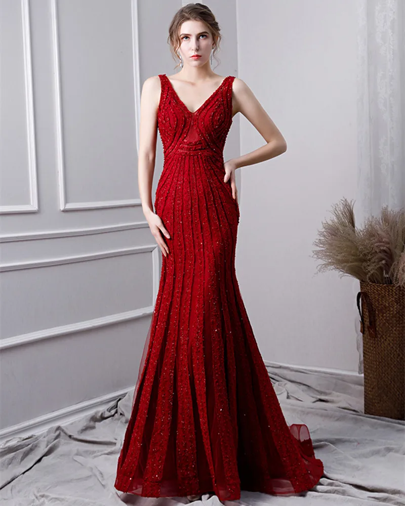Sexy Mermaid Prom Dress New Wine Red Prom Gown Long Prom Woman Dress Beaded  Evening Gown TB04