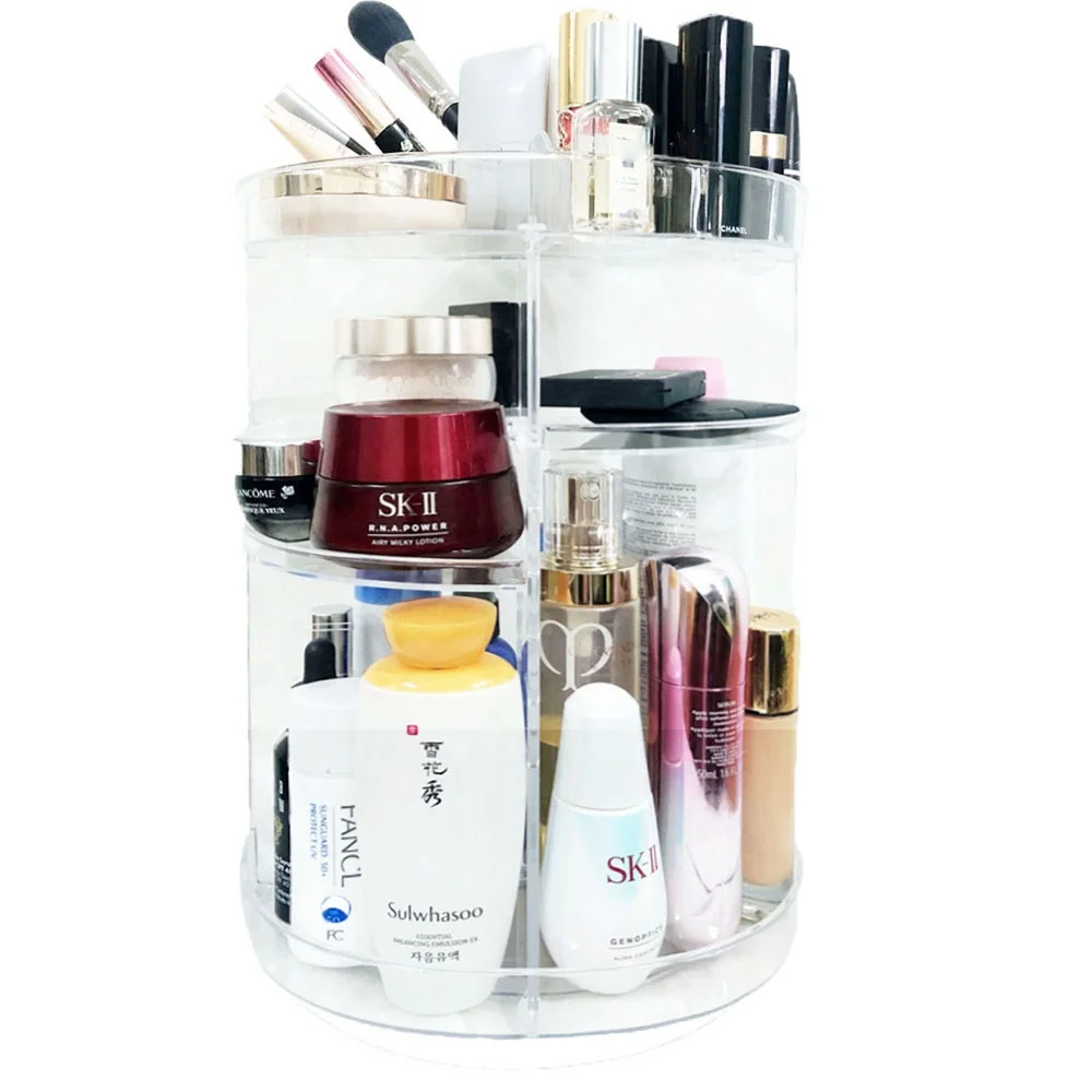 Adjustable 360 Degree Rotating Cosmetic Storage Display Case Clear Transparent Makeup Organizer