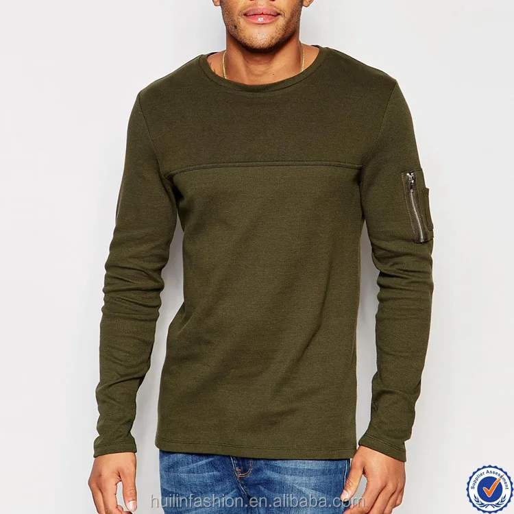 online shopping india 100% cotton mens long sleeve tee shirts contrast yoke zip pocket sleeve t shir