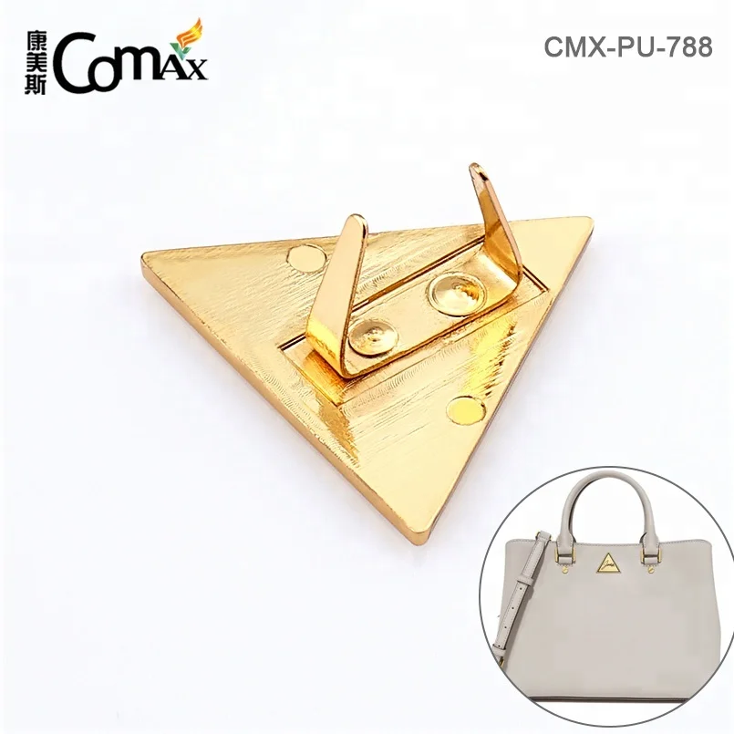 Custom Triangle Shape Golden Metal Name Tag with Black Logo for Bags