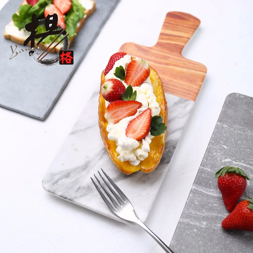 The Latest Double Color Melamine Cheese Board with Handle Flat Oak Wooden Serving Plate