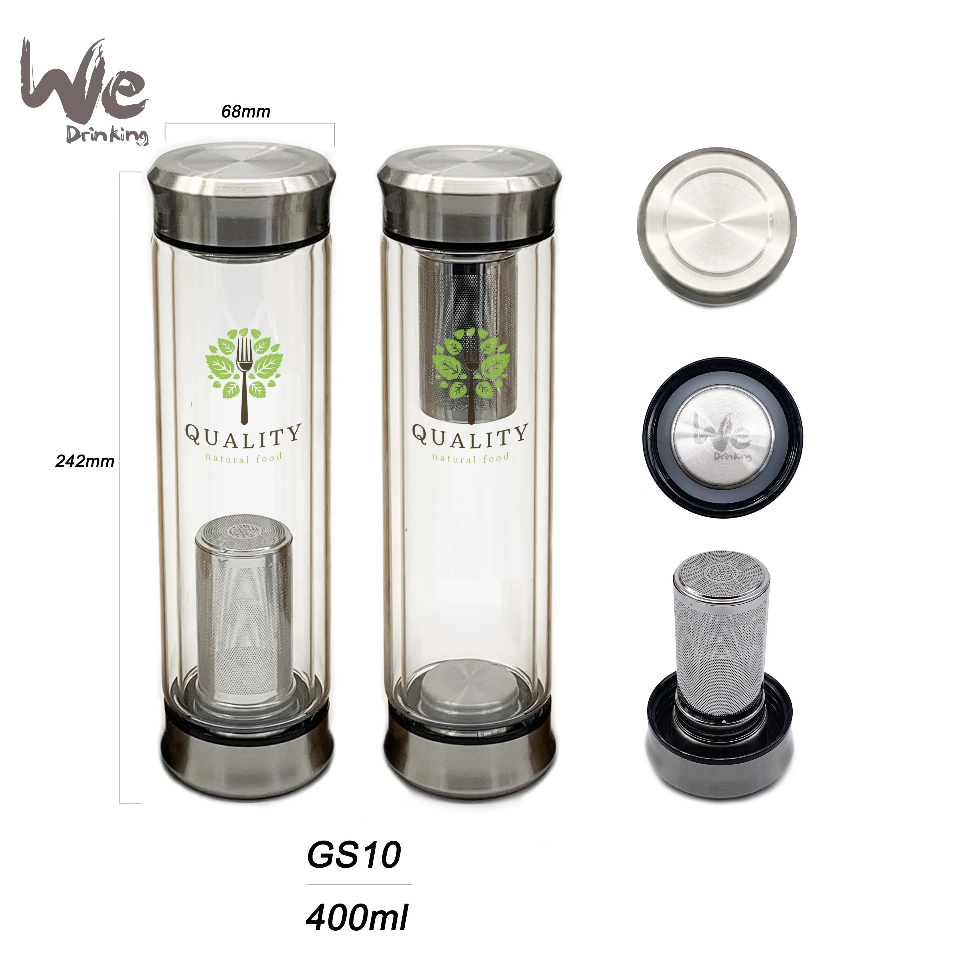GS10 400ml Glass Tea Infuser Travel Mug With Strainer and 2 Steel Lids for Loose Leaf Tea  Matcha Fruit and Cold Brew Coffee