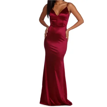 Wholesale custom women V neck ruched long gown red satin evening dresses