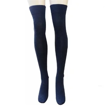 Custom Dark Blue Cotton Sexcy Young Girl Long Length Thigh High Socks Women