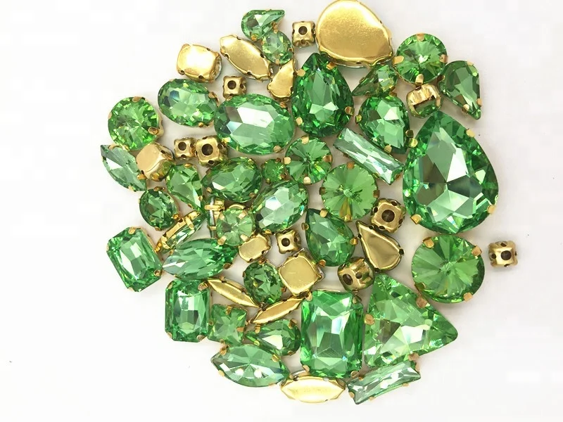 Light Green Mixed Shape Glass Flatback Rhinestone Sew-On Loose Rhinestones with Golden Claw