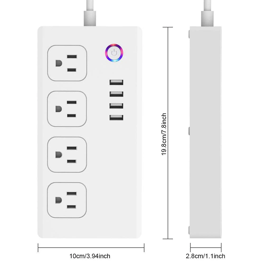 Tuya WiFi Smart Power Strip Socket with 4 Outlets and USB Ports 1650W 120V Industrial Extension Cord for Home Use