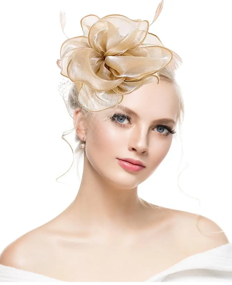 Fascinators Hat For Wedding Women Tea Party Gold Headband Flower Mesh ...