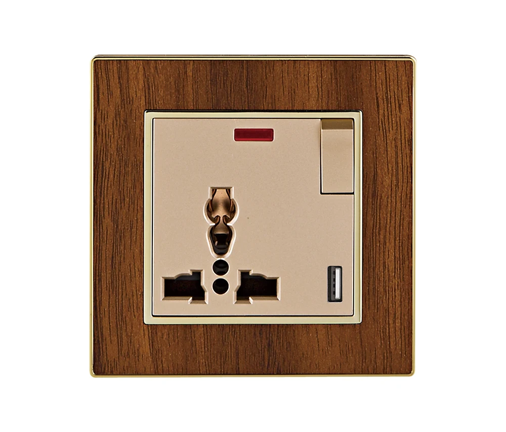 VNX New Style Wood Grain Electrical Switch and Socket 15A 1 Gang Multi Switched Socket With Neon and USB Socket